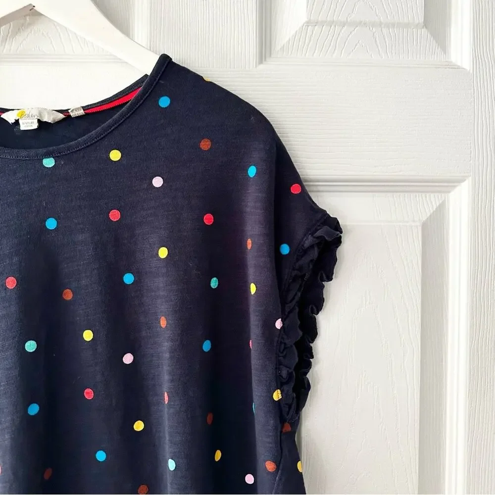 Boden Faye Navy Blue Ruffle Trim Multi Colored Polka Dot T Shirt Dress 12R J0900 - Picture 10 of 13